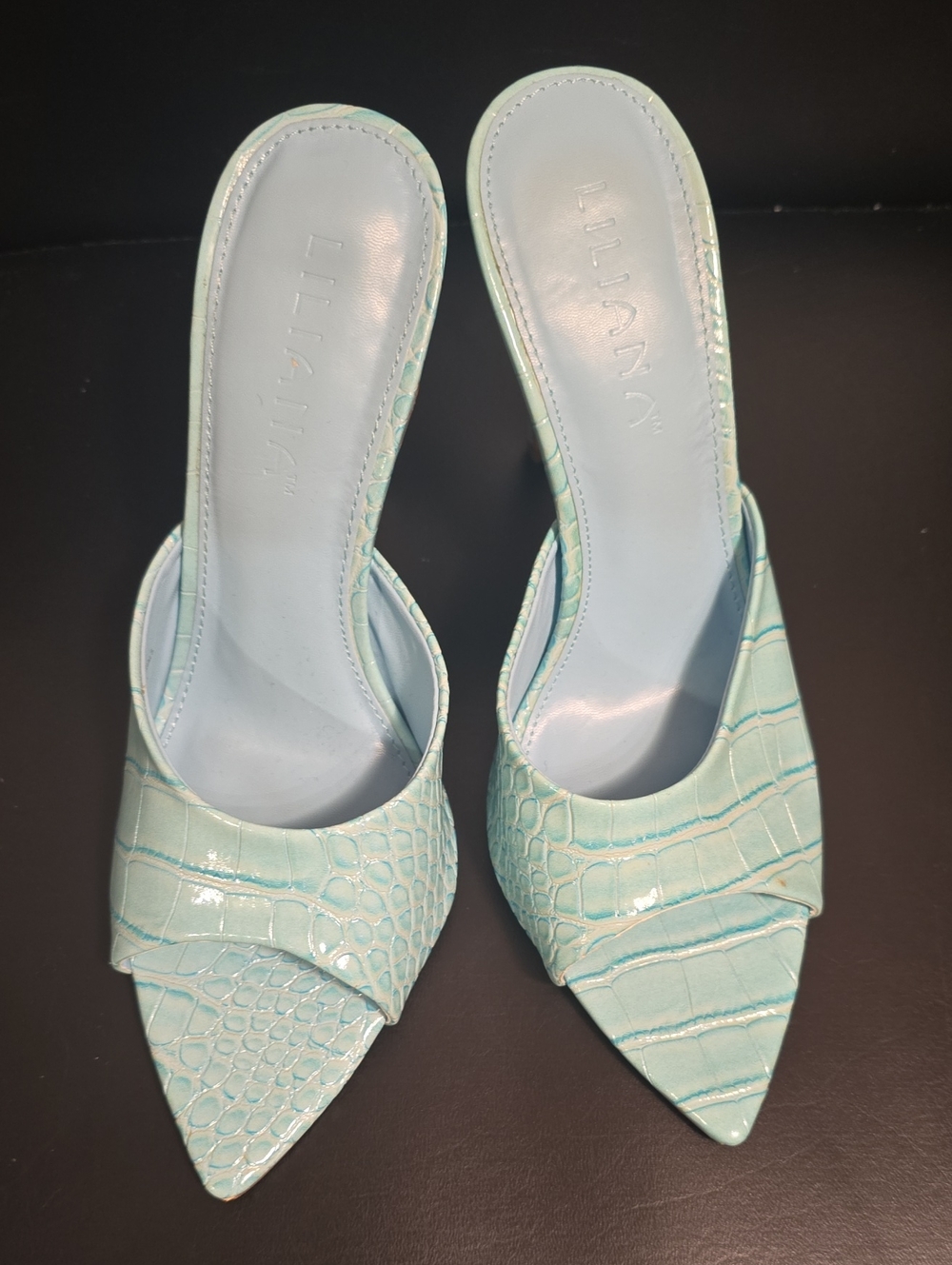 Liliana Mint Croc-Embossed Pointed Toe Slip-On Mules
